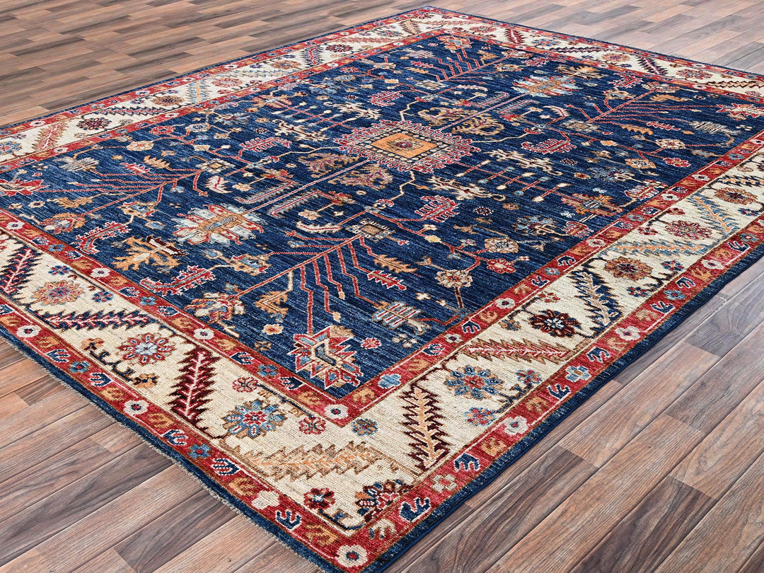 7'11" x 9'9" New Hand Knotted Blue Wool Rectangle Oriental Rug - MOA1022650