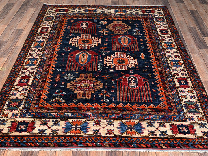 4'11" x 6'4" New Hand Knotted Blue Wool Rectangle Oriental Rug - MOA1022664