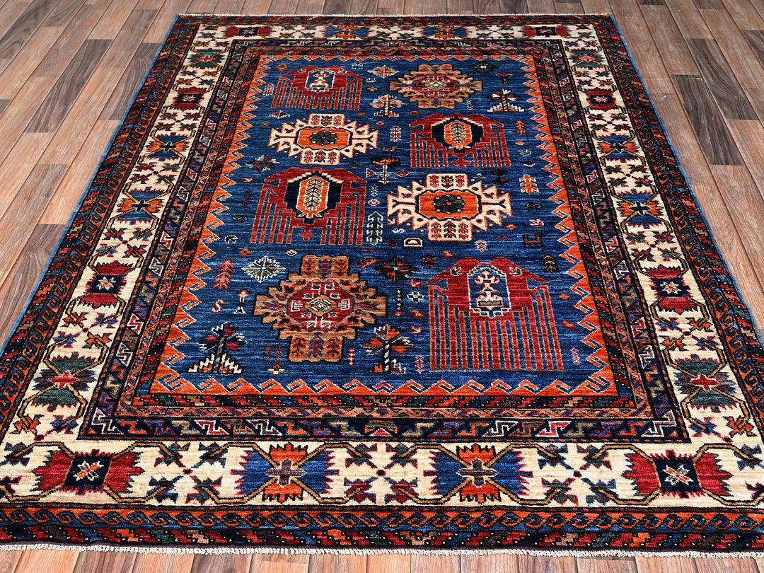 5'1" x 6'7" New Hand Knotted Blue Wool Rectangle Oriental Rug - MOA1022665