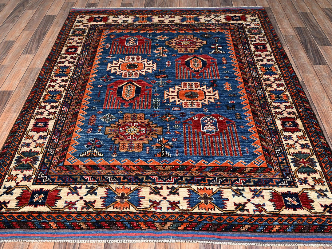 5'2" x 6'4" New Hand Knotted Blue Wool Rectangle Oriental Rug - MOA1022667