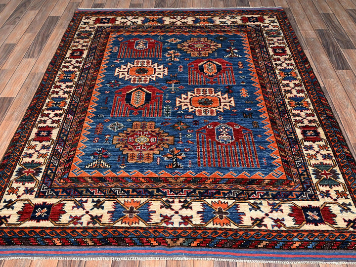 5'2" x 6'4" New Hand Knotted Blue Wool Rectangle Oriental Rug - MOA1022667