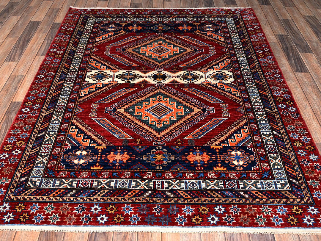 5'1" x 6'6" New Hand Knotted Red Wool Rectangle Oriental Rug - MOA1022668