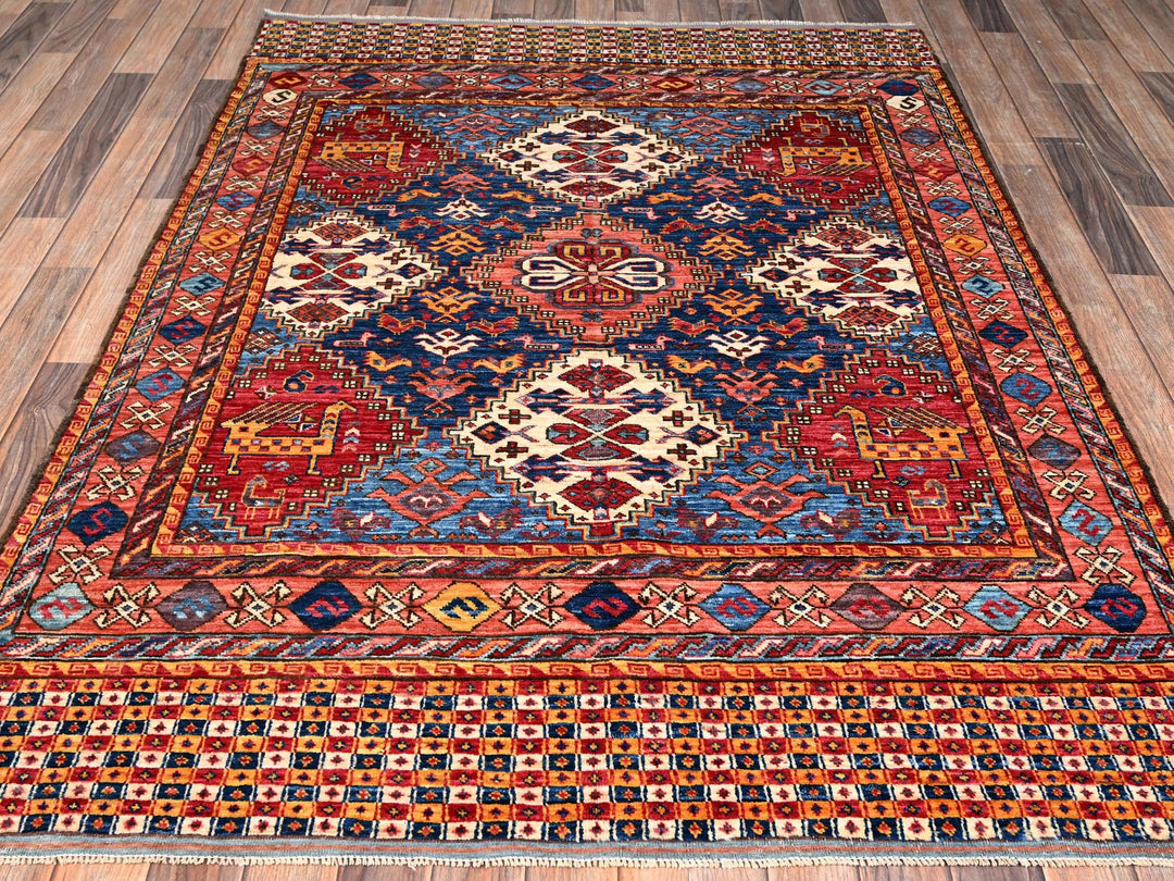 5'0" x 6'10" New Hand Knotted Multicolored Wool Rectangle Oriental Rug - MOA1022669