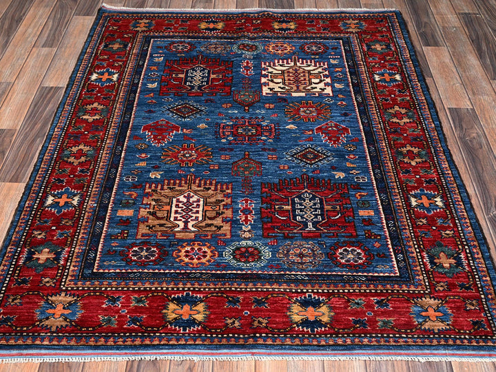 4'2" x 5'0" New Hand Knotted Blue Wool Rectangle Oriental Rug - MOA1022672