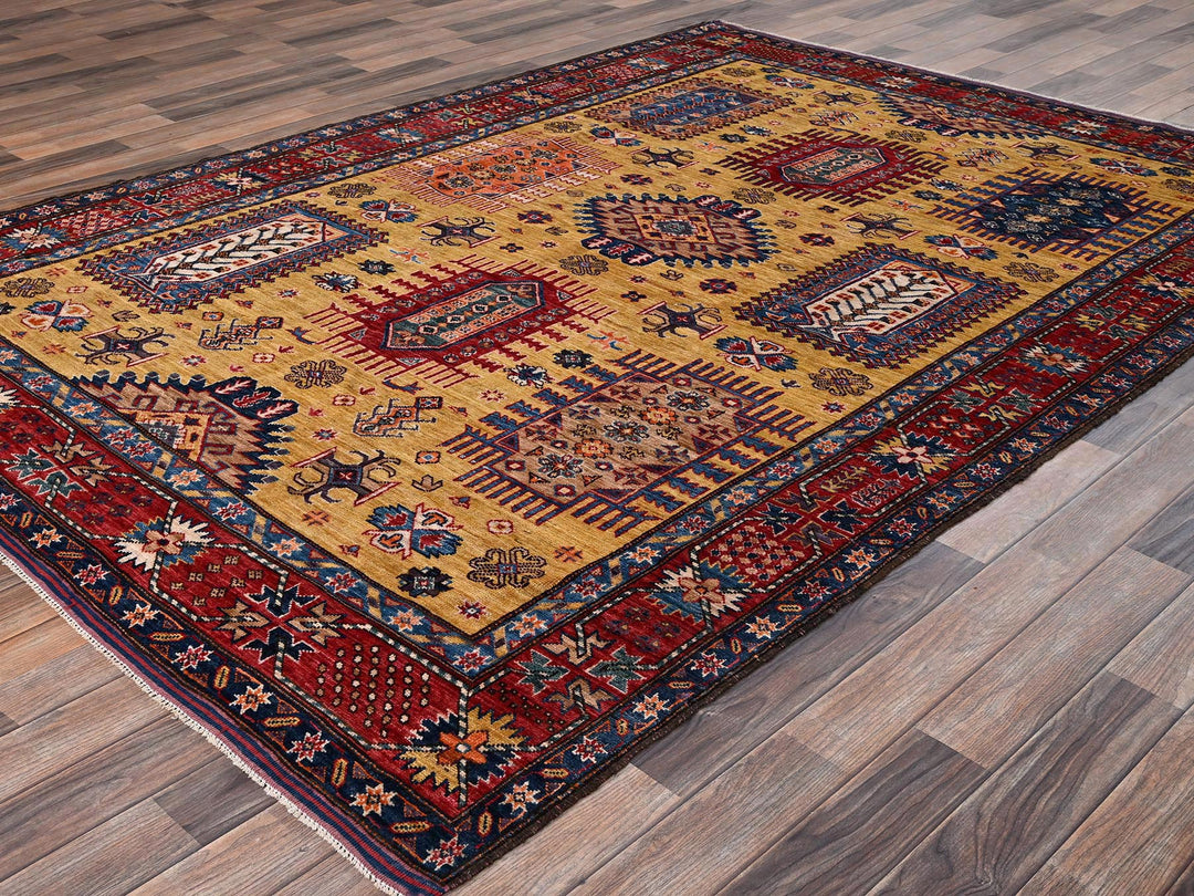 6'4" x 9'0" New Hand Knotted Yellow Wool Rectangle Oriental Rug - MOA1022677