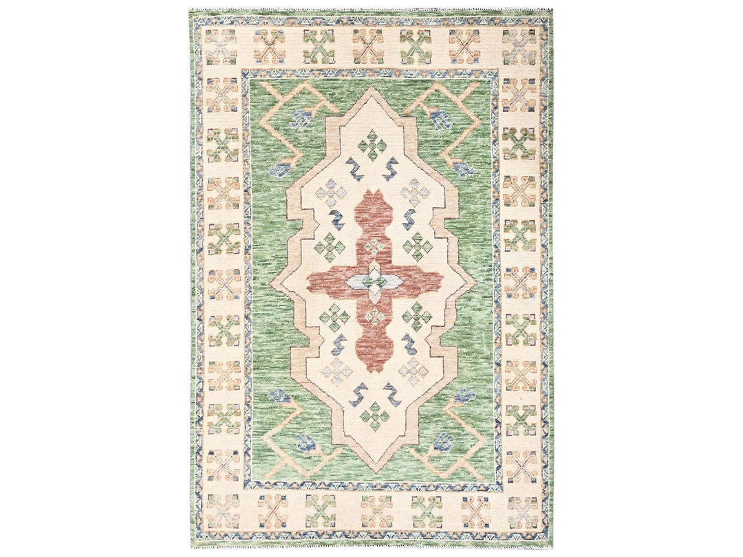4'11" x 7'4" New Hand Knotted Green Wool Rectangle Oriental Rug - MOA1022714
