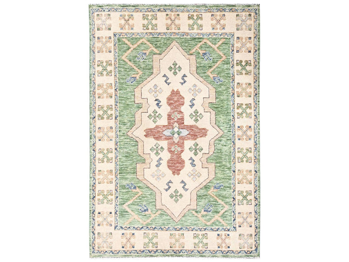 4'11" x 7'4" New Hand Knotted Green Wool Rectangle Oriental Rug - MOA1022714