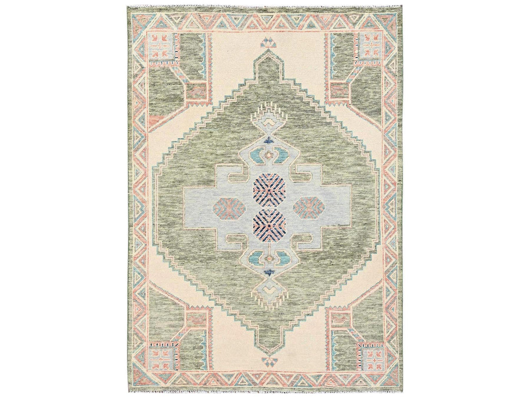 4'10" x 6'9" New Hand Knotted Green Wool Rectangle Oriental Rug - MOA1022723
