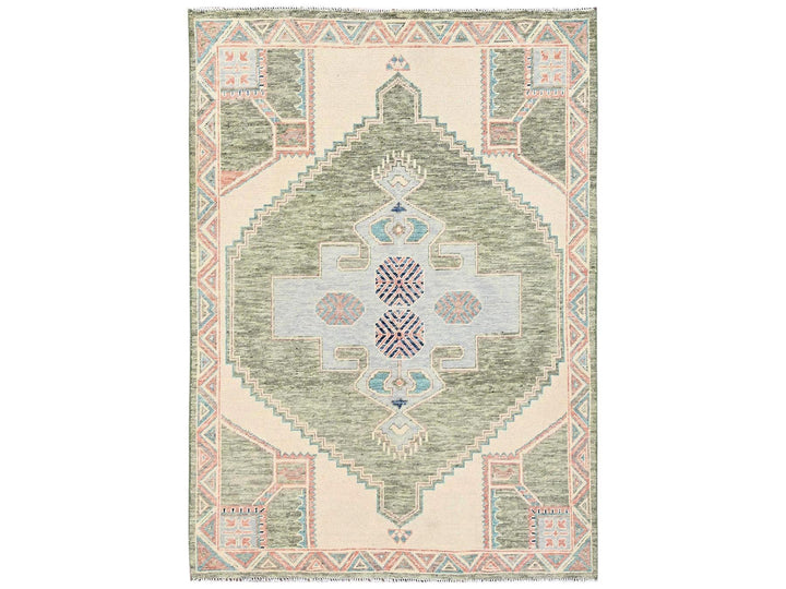 4'10" x 6'9" New Hand Knotted Green Wool Rectangle Oriental Rug - MOA1022723