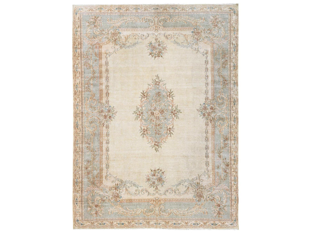 8'9" x 11'8" Vintage Hand Knotted Ivory Wool Rectangle Oriental Rug - MOA1022738