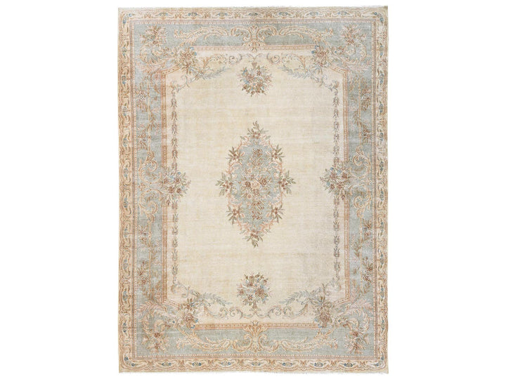 8'9" x 11'8" Vintage Hand Knotted Ivory Wool Rectangle Oriental Rug - MOA1022738
