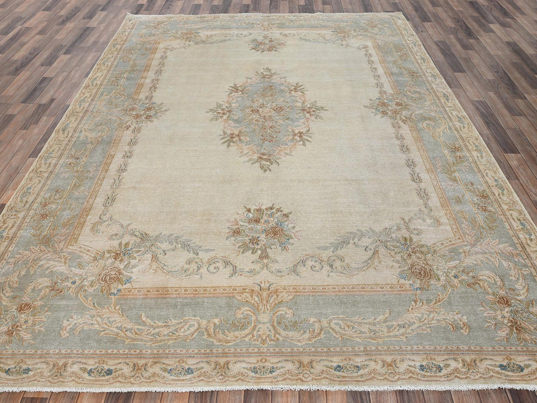 8'9" x 11'8" Vintage Hand Knotted Ivory Wool Rectangle Oriental Rug - MOA1022738