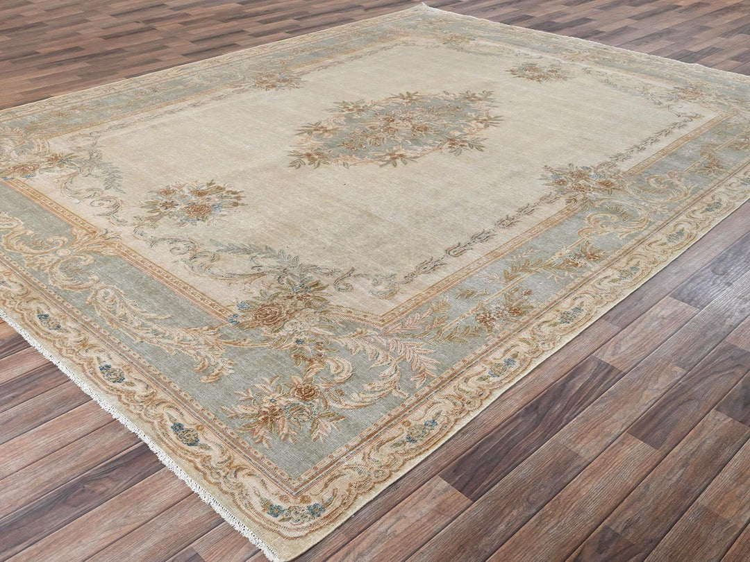 8'9" x 11'8" Vintage Hand Knotted Ivory Wool Rectangle Oriental Rug - MOA1022738