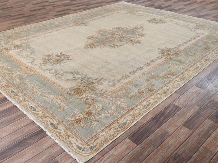 8'9" x 11'8" Vintage Hand Knotted Ivory Wool Rectangle Oriental Rug - MOA1022738