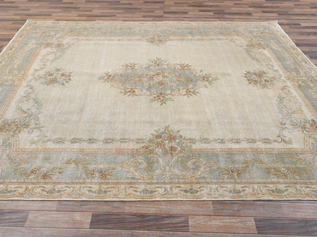 8'9" x 11'8" Vintage Hand Knotted Ivory Wool Rectangle Oriental Rug - MOA1022738