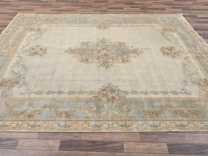 8'9" x 11'8" Vintage Hand Knotted Ivory Wool Rectangle Oriental Rug - MOA1022738