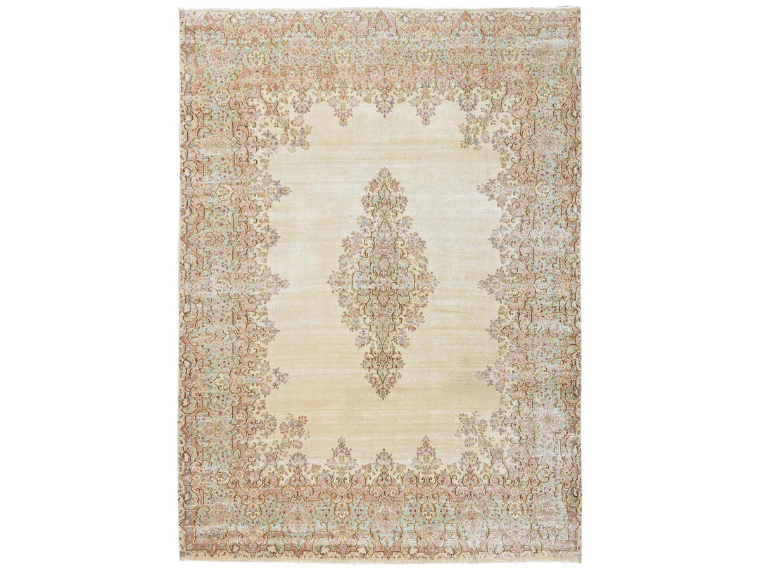 8'9" x 12'1" Vintage Hand Knotted Ivory Wool Rectangle Oriental Rug - MOA1022739