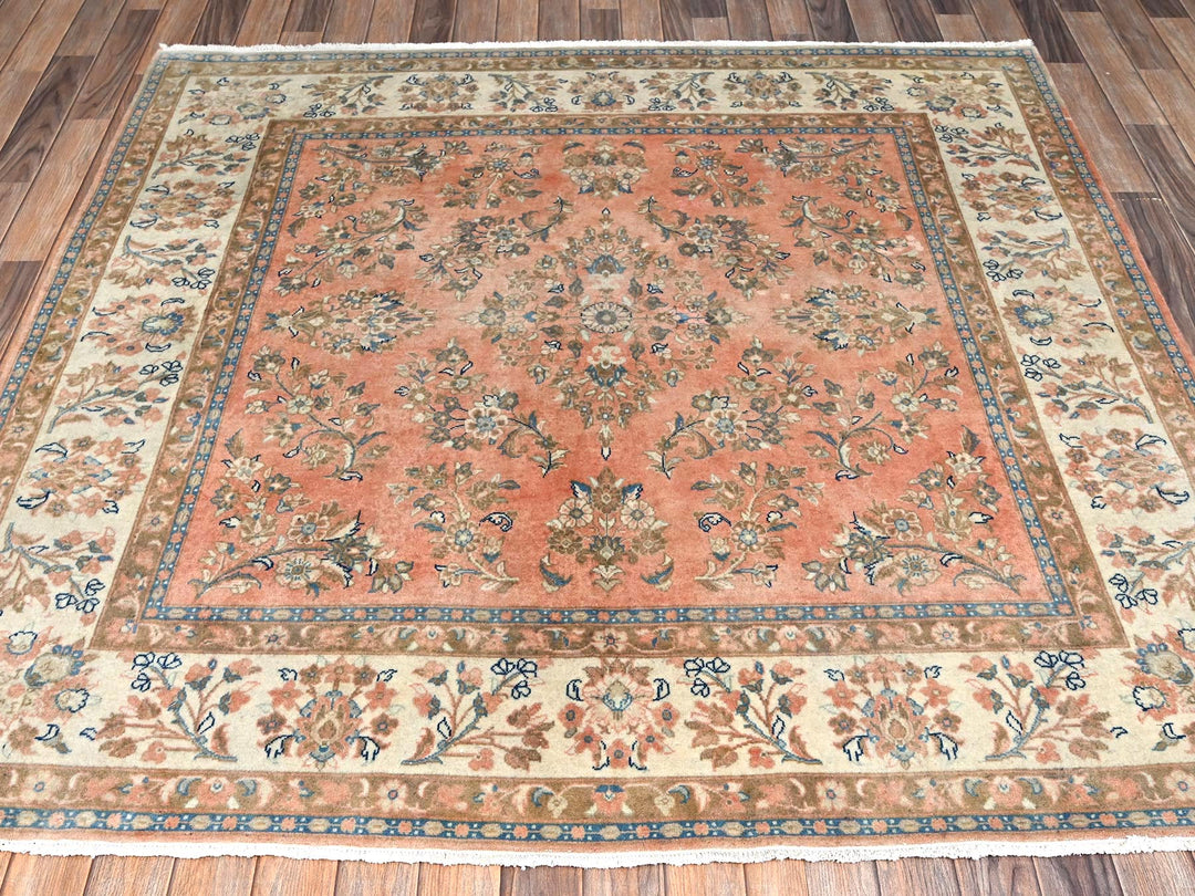 6'6" x 6'6" Vintage Hand Knotted Pink Wool Square Oriental Rug - MOA1022746