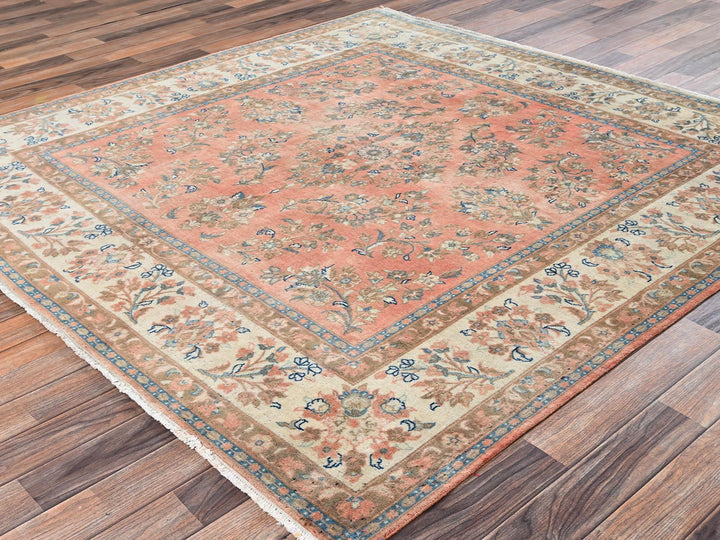 6'6" x 6'6" Vintage Hand Knotted Pink Wool Square Oriental Rug - MOA1022746