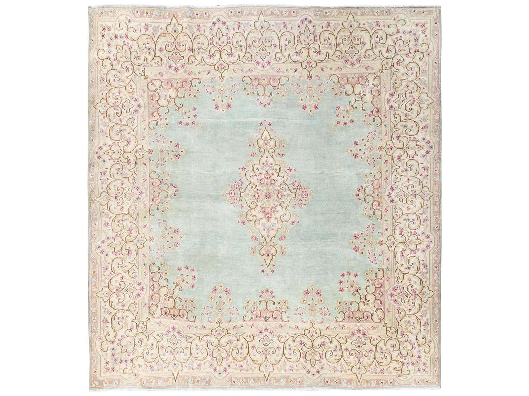 7'10" x 8'4" Vintage Hand Knotted Green Wool Square Oriental Rug - MOA1022750