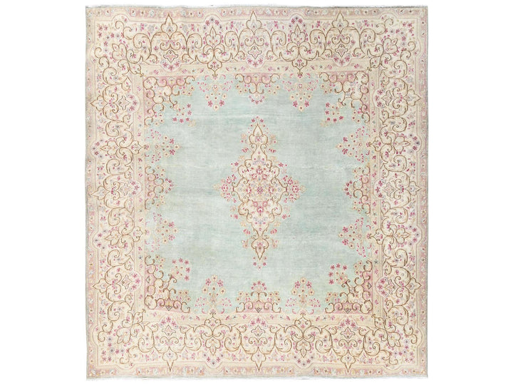 7'10" x 8'4" Vintage Hand Knotted Green Wool Square Oriental Rug - MOA1022750