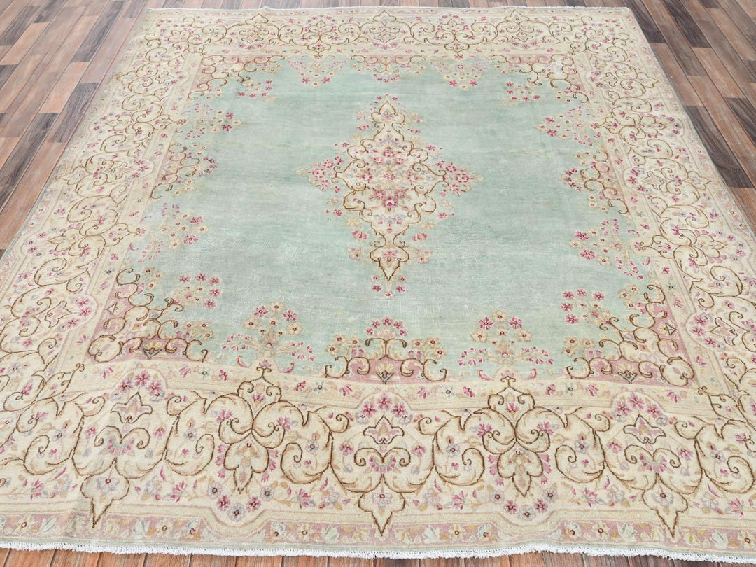 7'10" x 8'4" Vintage Hand Knotted Green Wool Square Oriental Rug - MOA1022750