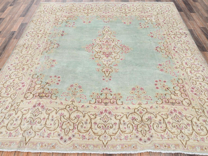 7'10" x 8'4" Vintage Hand Knotted Green Wool Square Oriental Rug - MOA1022750