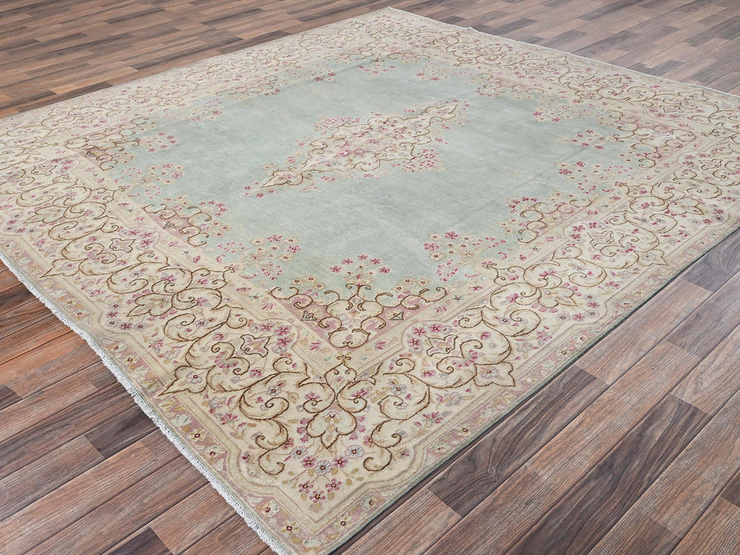 7'10" x 8'4" Vintage Hand Knotted Green Wool Square Oriental Rug - MOA1022750