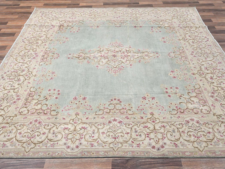7'10" x 8'4" Vintage Hand Knotted Green Wool Square Oriental Rug - MOA1022750