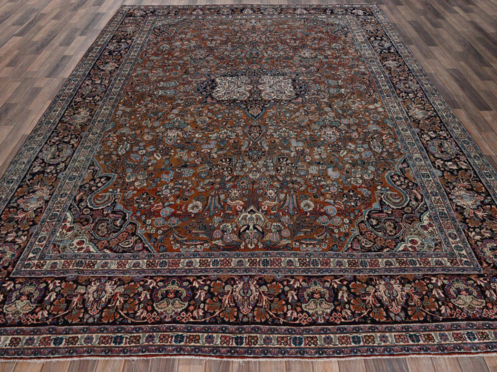 9'0" x 11'11" Vintage Hand Knotted Brown Wool Rectangle Oriental Rug - MOA1022753