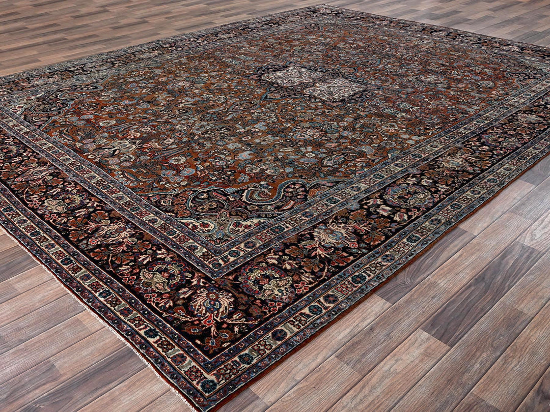 9'0" x 11'11" Vintage Hand Knotted Brown Wool Rectangle Oriental Rug - MOA1022753