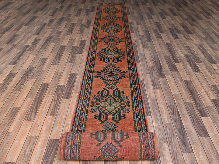2'4" x 25'3" Vintage Hand Knotted Orange Wool Runner Oriental Rug - MOA1022755