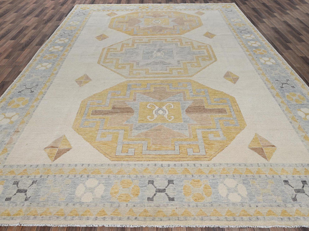 11'3" x 14'6" New Hand Knotted Ivory Wool Rectangle Oriental Rug - MOA1022759