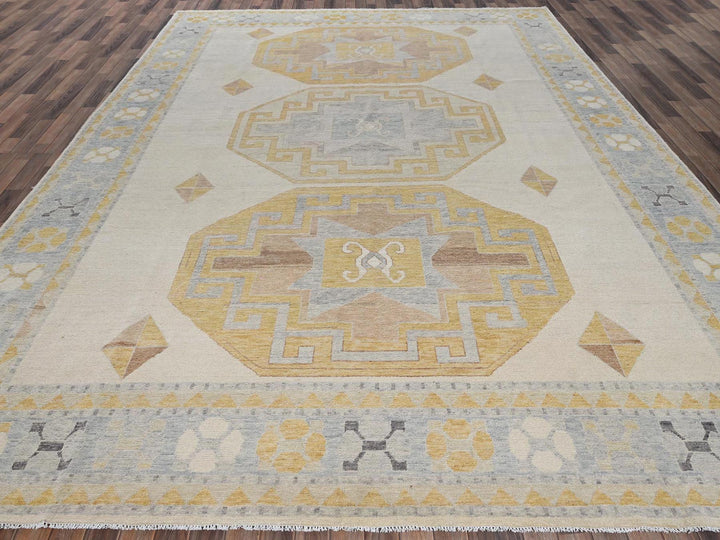 11'3" x 14'6" New Hand Knotted Ivory Wool Rectangle Oriental Rug - MOA1022759