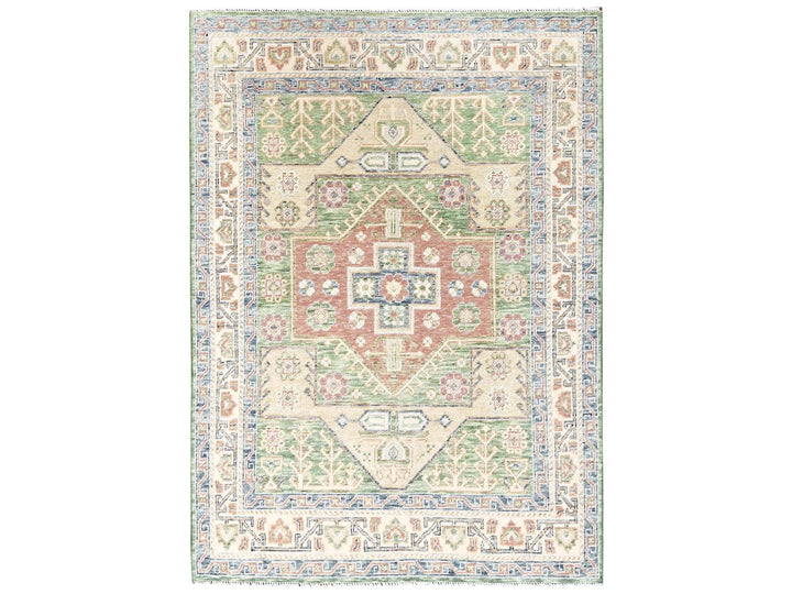 4'11" x 6'11" New Hand Knotted Green Wool Rectangle Oriental Rug - MOA1022764