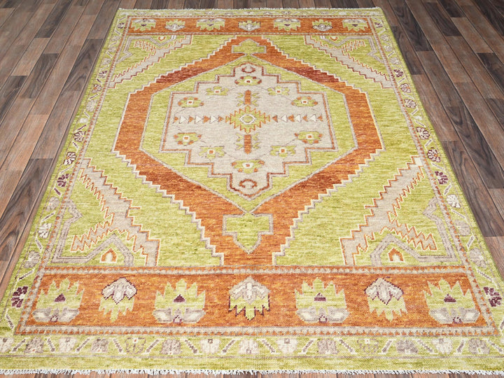 4'11" x 7'1" New Hand Knotted Green Wool Rectangle Oriental Rug - MOA1022767