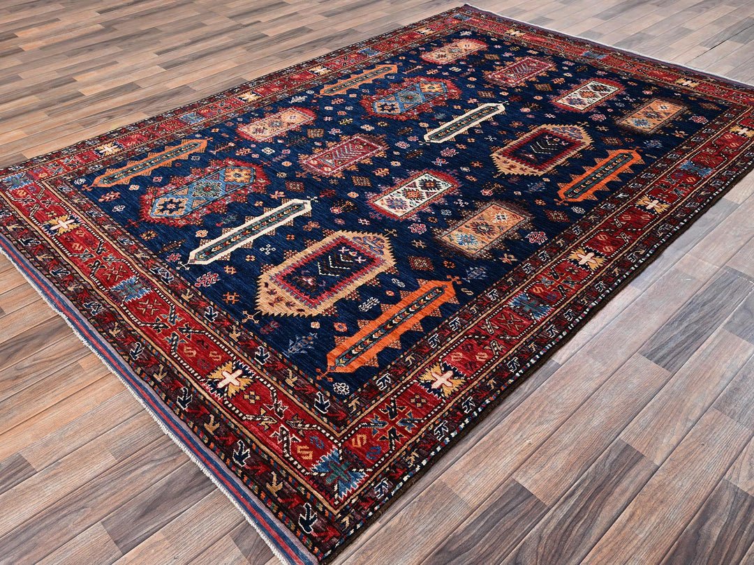 6'1" x 8'7" New Hand Knotted Blue Wool Rectangle Oriental Rug - MOA1022780