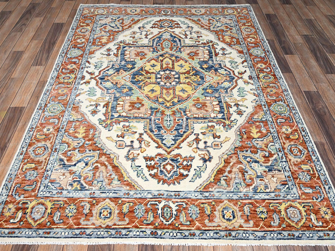 4'10" x 6'9" New Hand Knotted Ivory Wool Rectangle Oriental Rug - MOA1022803