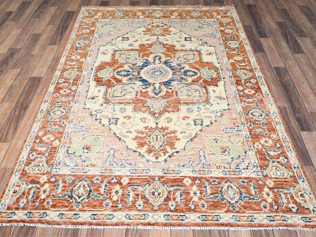 4'10" x 6'10" New Hand Knotted Beige Wool Rectangle Oriental Rug - MOA1022805