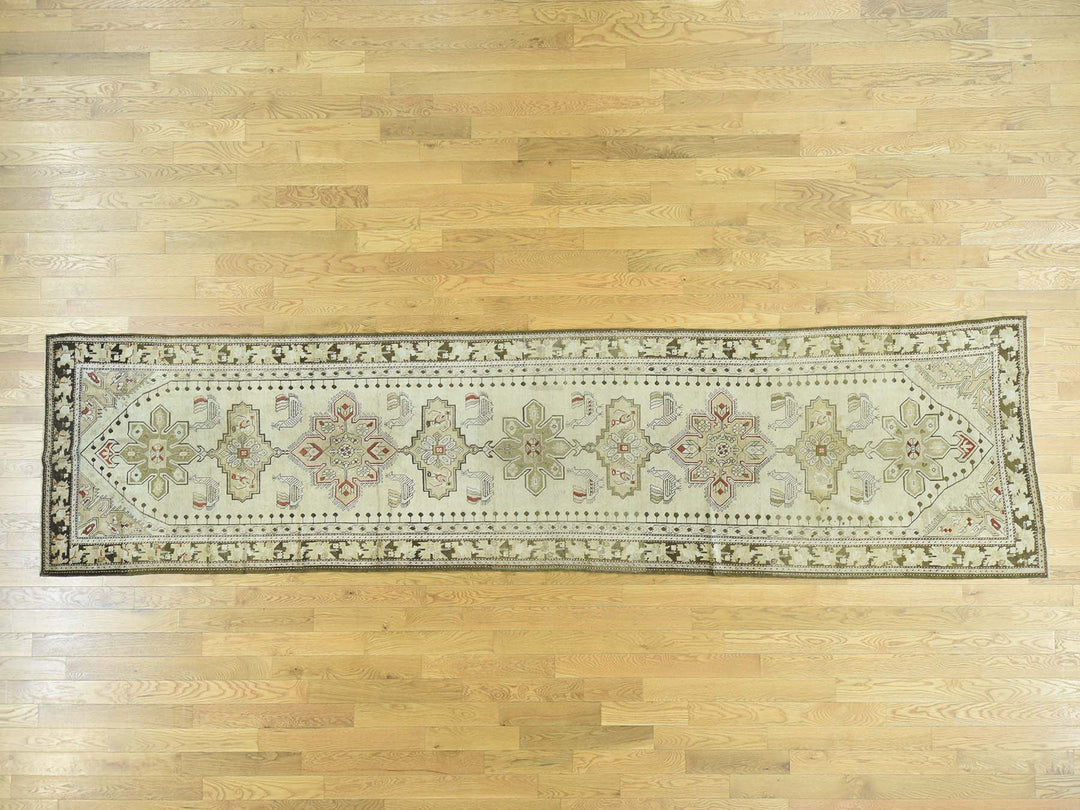 3'8" x 15'0" Vintage Hand Knotted Green Wool Runner Oriental Rug - MOA10233178