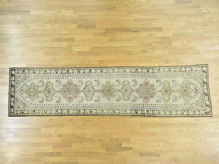 3'8" x 15'0" Vintage Hand Knotted Green Wool Runner Oriental Rug - MOA10233178