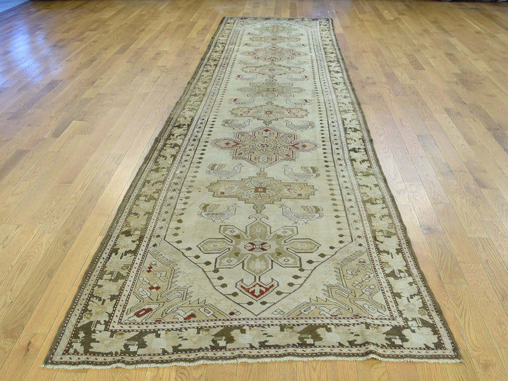 3'8" x 15'0" Vintage Hand Knotted Green Wool Runner Oriental Rug - MOA10233178