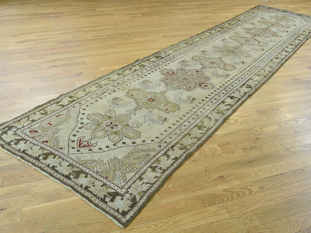3'8" x 15'0" Vintage Hand Knotted Green Wool Runner Oriental Rug - MOA10233178