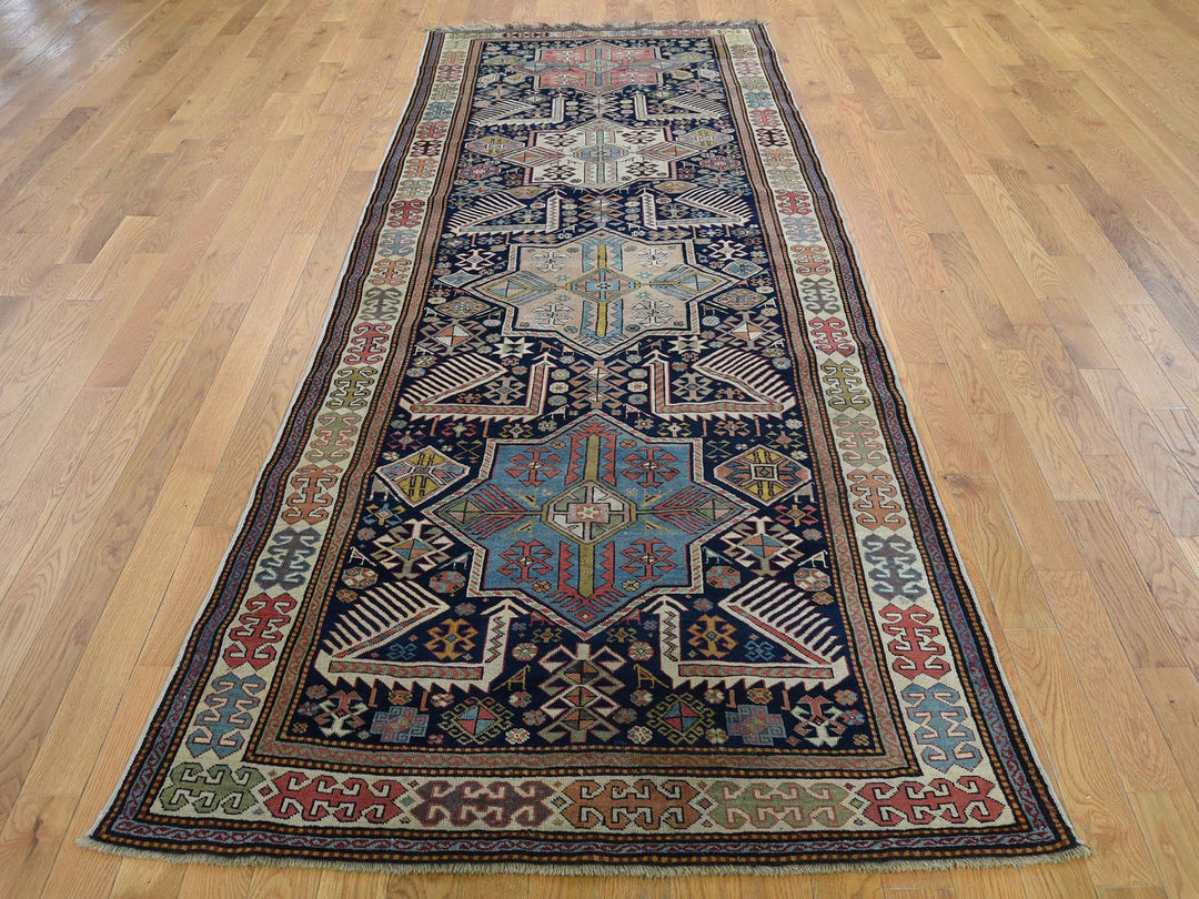 4'0" x 10'4" Vintage Hand Knotted Blue Wool Runner Oriental Rug - MOA10242866