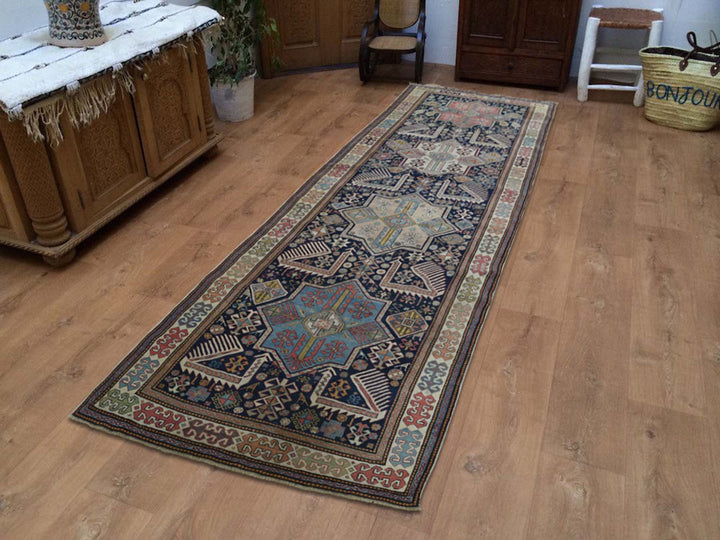 4'0" x 10'4" Vintage Hand Knotted Blue Wool Runner Oriental Rug - MOA10242866