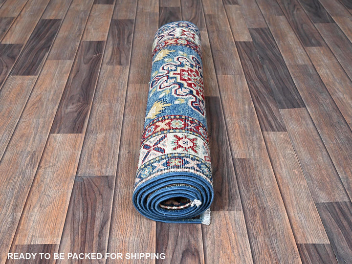 2'7" x 6'7" New Hand Knotted Blue Wool Runner Oriental Rug - MOA102437