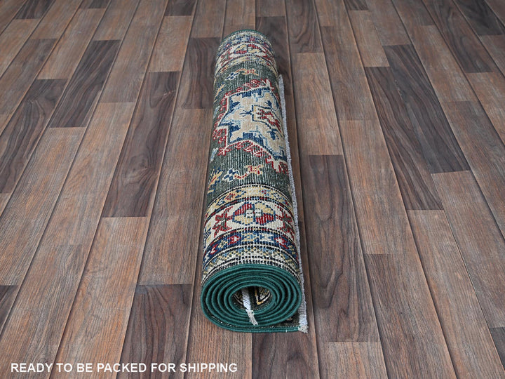 2'8" x 6'5" New Hand Knotted Green Wool Runner Oriental Rug - MOA102445