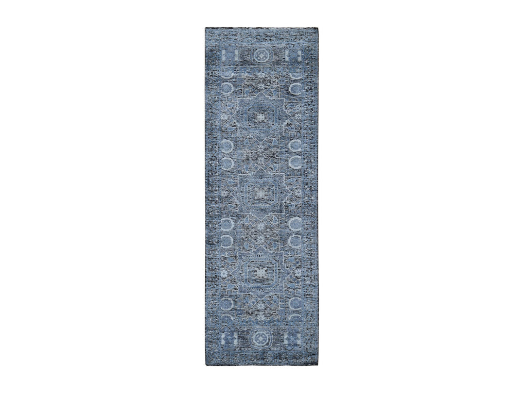 2'7" x 8'1" New Hand Knotted Blue Wool & Silk Runner Oriental Rug - MOA10249456