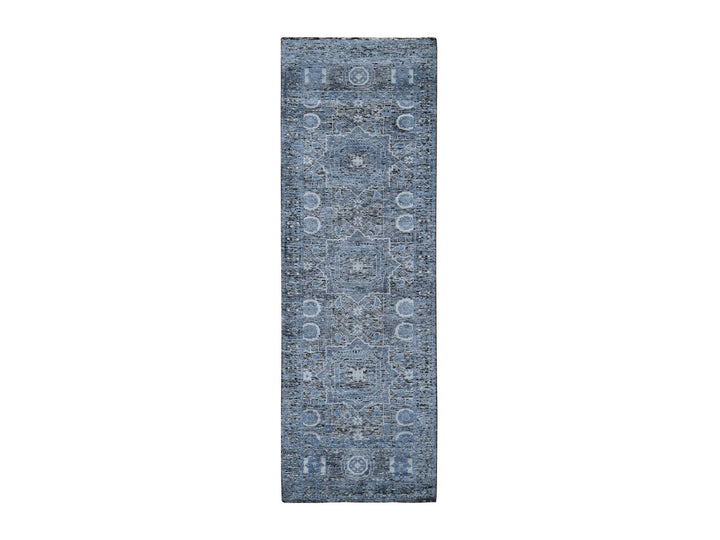 2'7" x 8'1" New Hand Knotted Blue Wool & Silk Runner Oriental Rug - MOA10249456