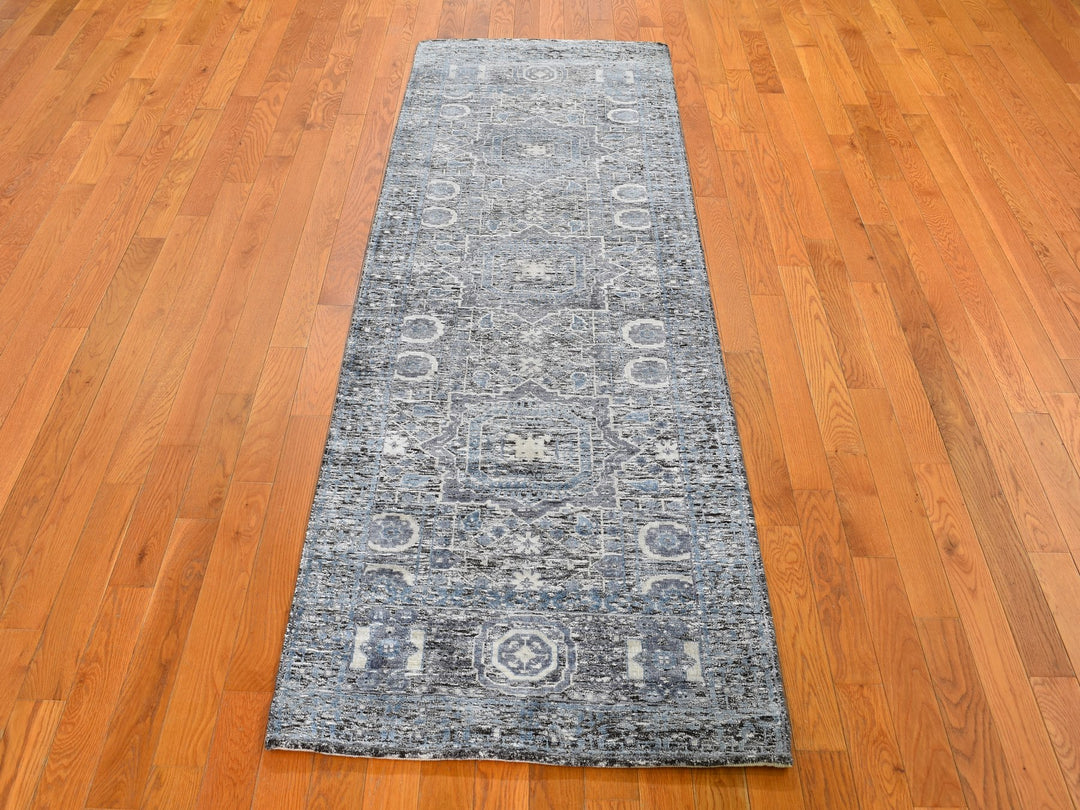 2'7" x 8'1" New Hand Knotted Blue Wool & Silk Runner Oriental Rug - MOA10249456